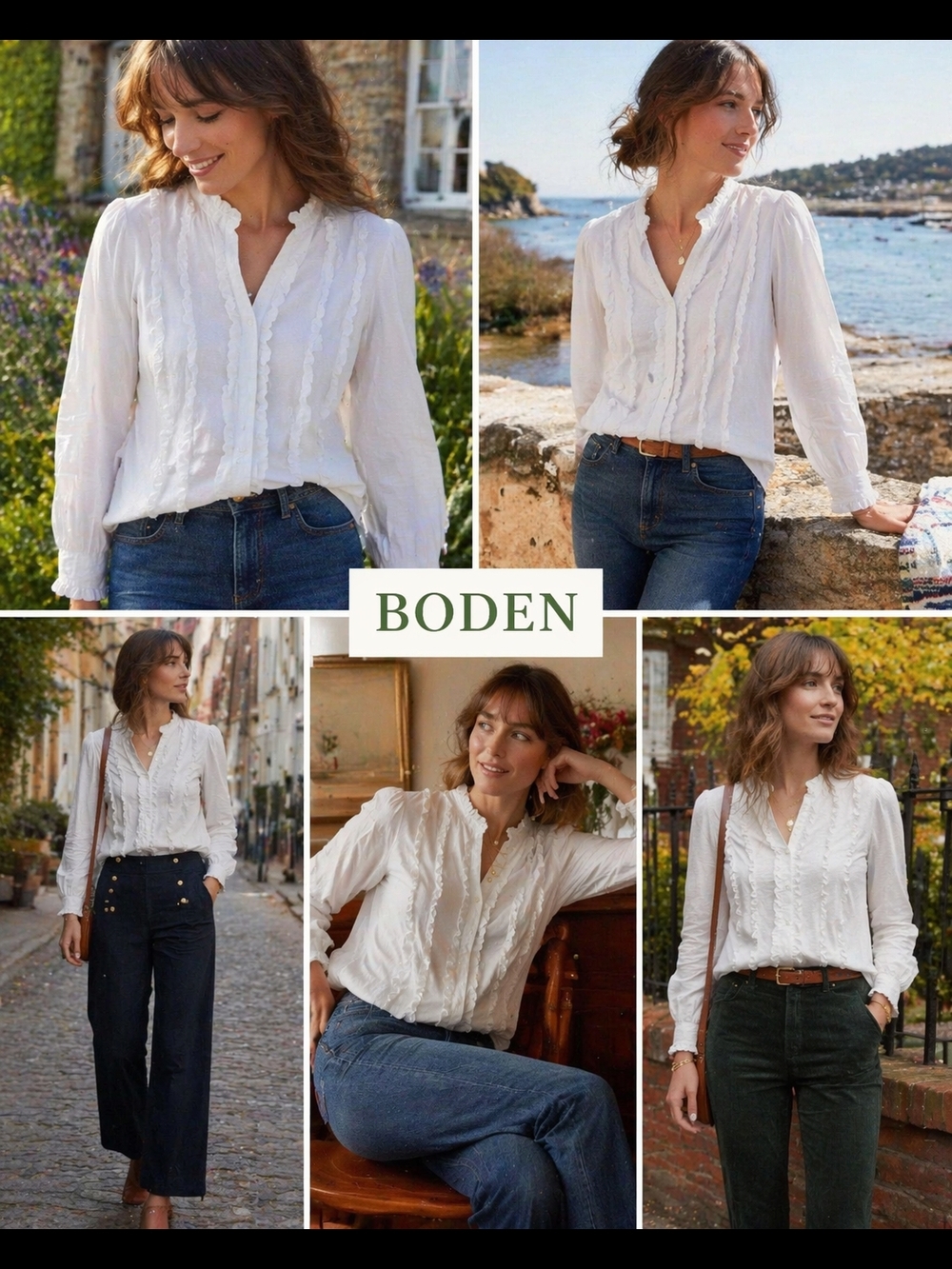 Boden White Ruffled V-Neck Button Blouse New